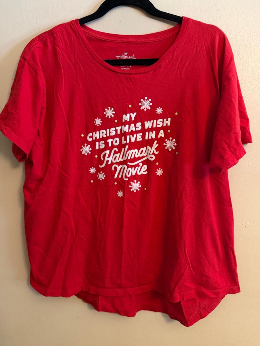 Hallmark Red Holiday Tee with White Snowflake Text